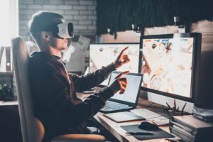 Testing,Games.,Young,Man,Wearing,Virtual,Reality,Headset,And,Gesturing