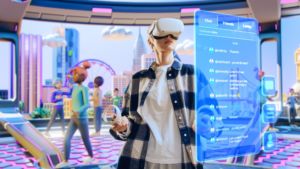 Young,Creative,Female,Wearing,A,Virtual,Reality,Headset,At,Home. What Could a Virtual Reality Meeting Look Like?